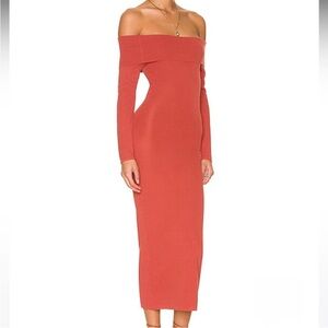 Bardot Rust Ribbed Off Shoulder Bodycon Midi Dress Size L